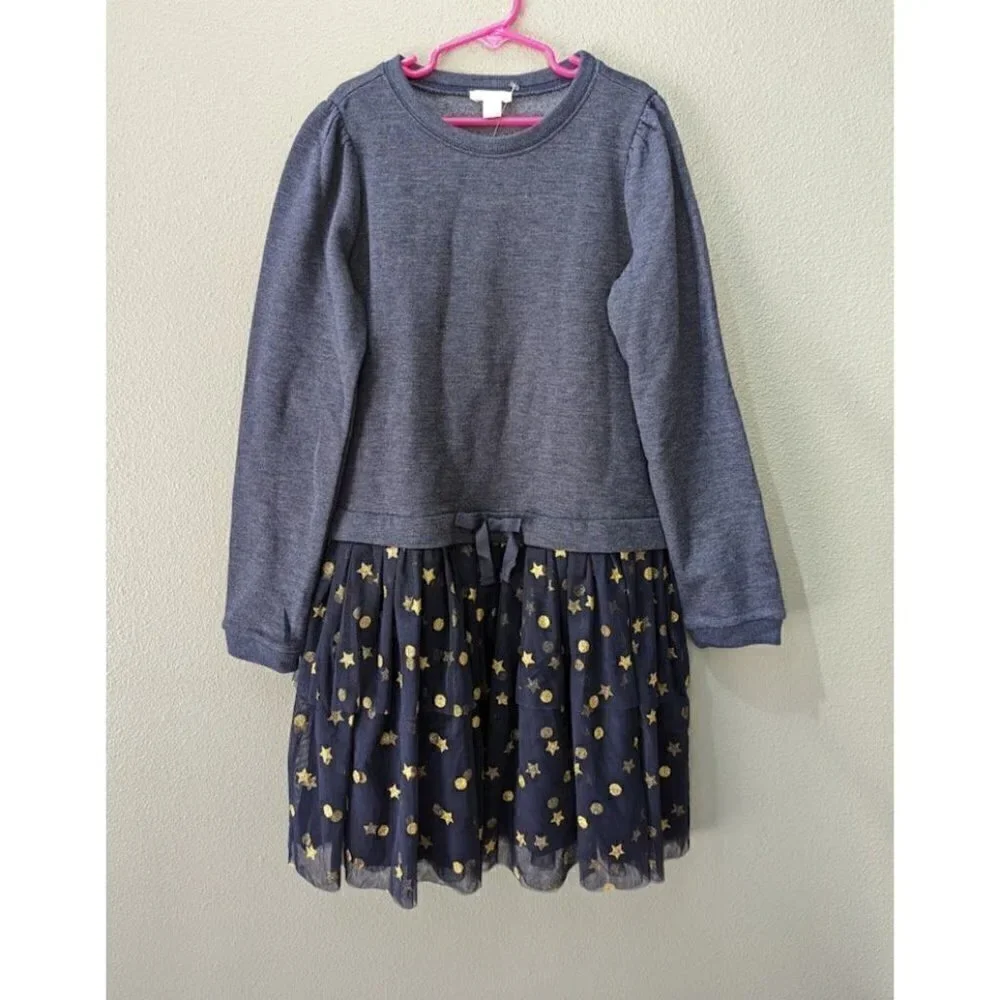 Crewcuts Sweatshirt Tiered Tulle Blue Gold Glitter Long Sleeve Dress Girls L